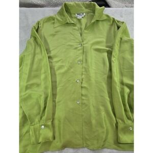 Robbie Bee 100% Silk Blouse Womens 1X Green Button Front Long Sleeve Top